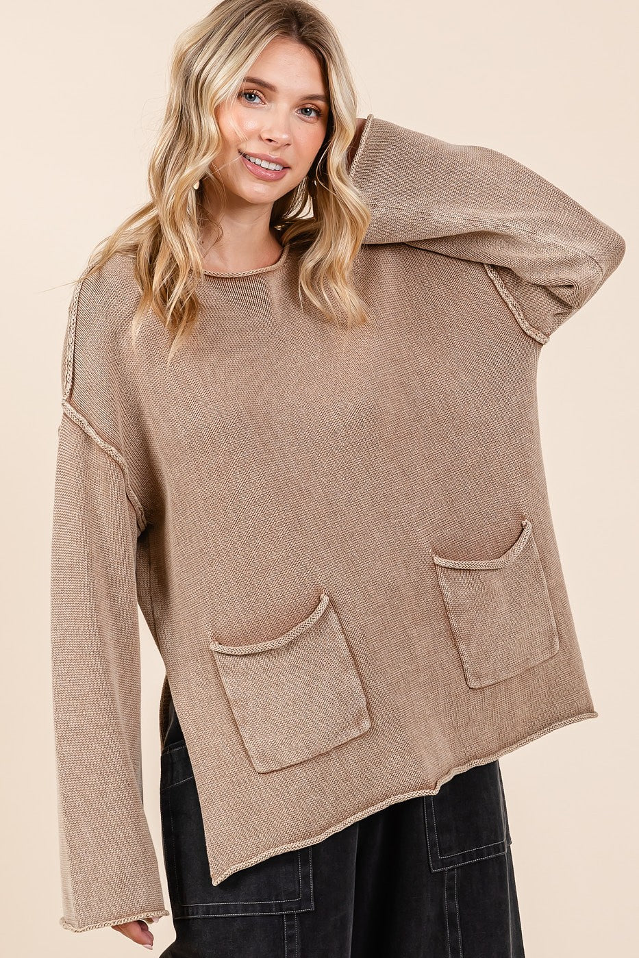 Mineral Wash Sweater with Pockets in Latte