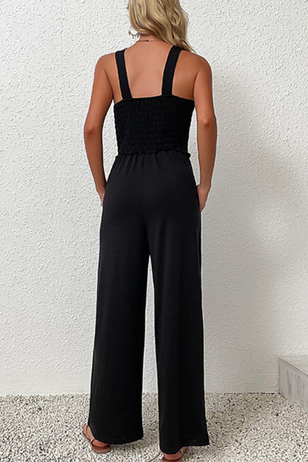 Black Smocked Sleeveless Wide Leg Jumpsuit with Pockets