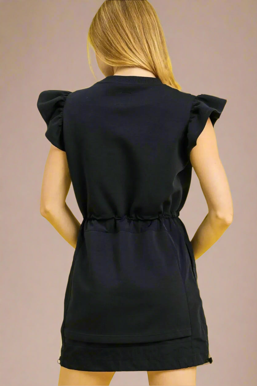 Dark Navy Flutter Sleeve Drawstring Mini Dress