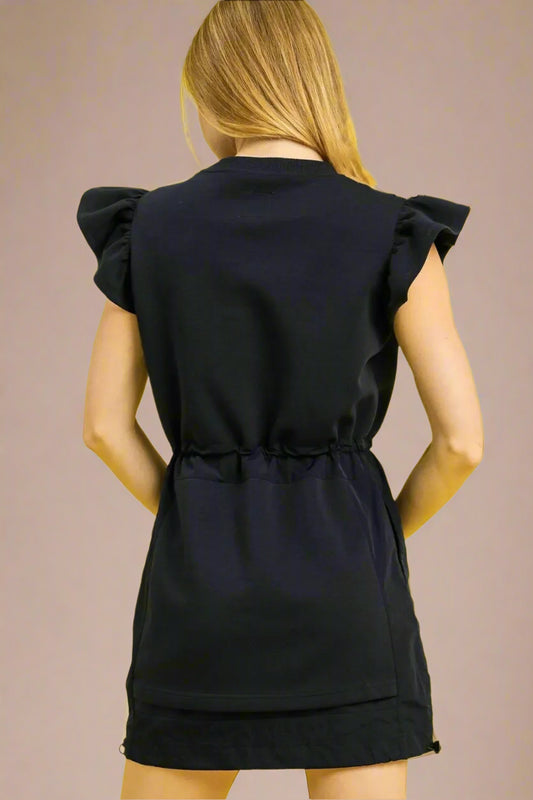 Dark Navy Flutter Sleeve Drawstring Mini Dress