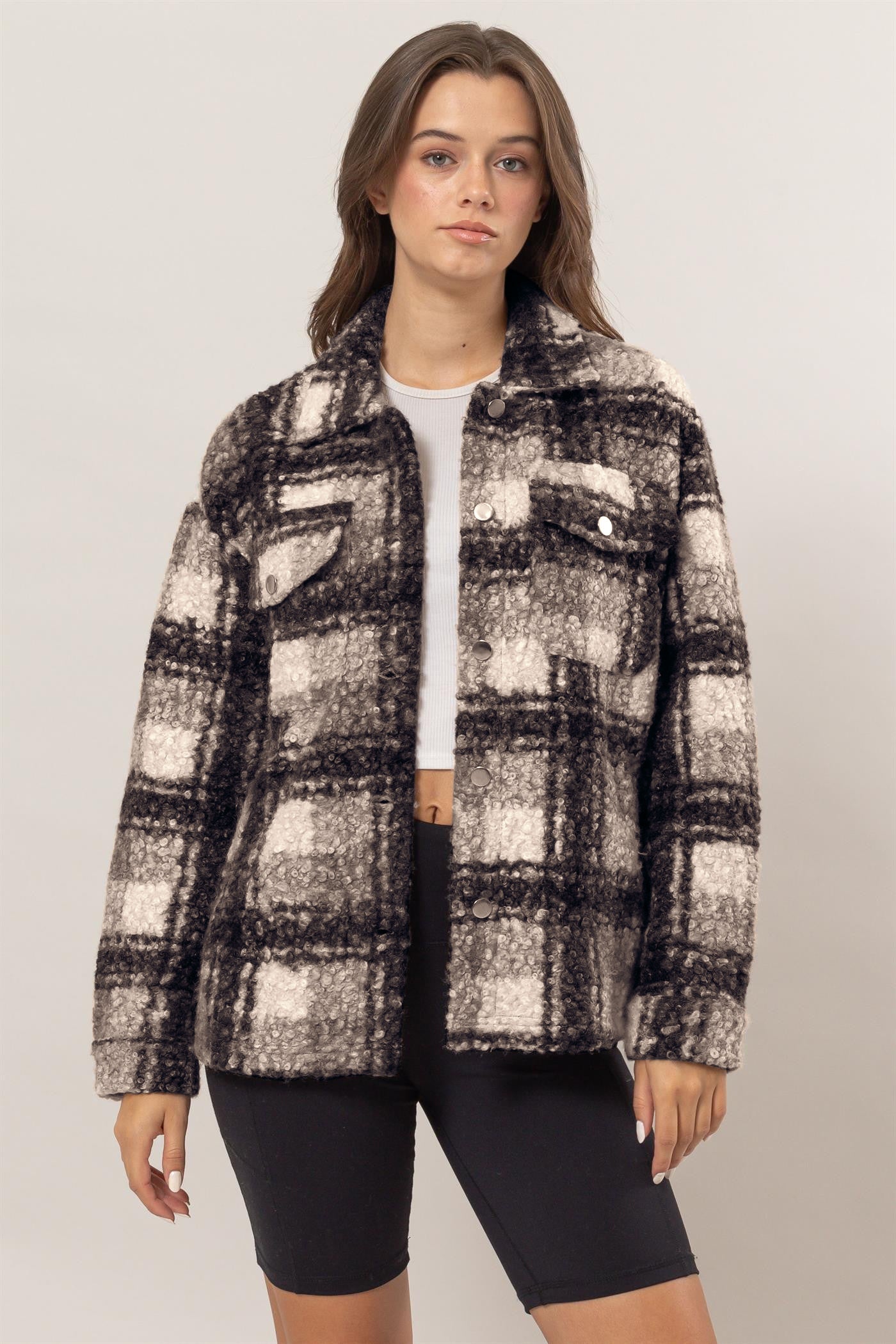 Black Plaid Button Up Bouclé Jacket