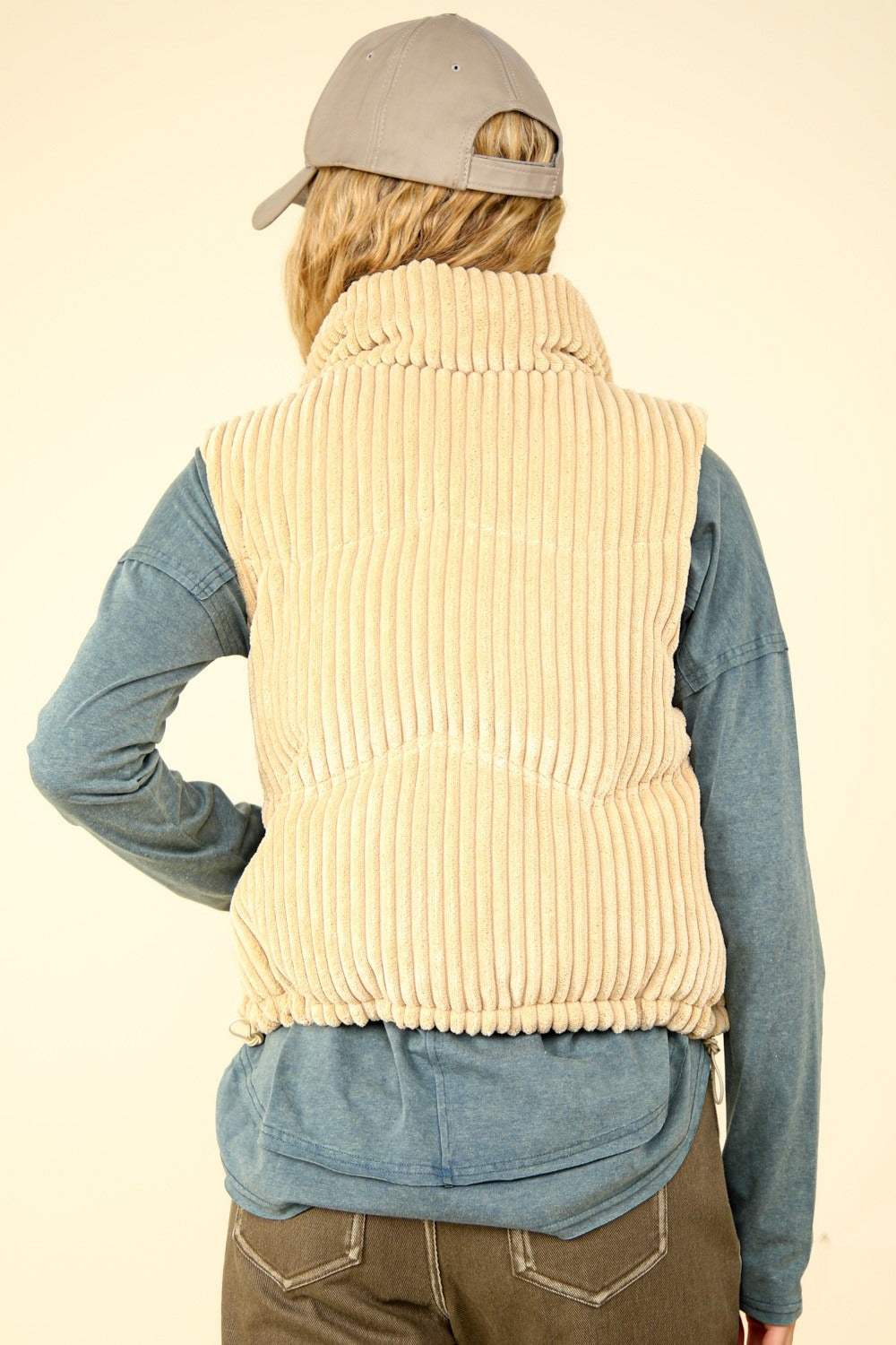 Zip Up Corduroy Puffer Vest in Cream