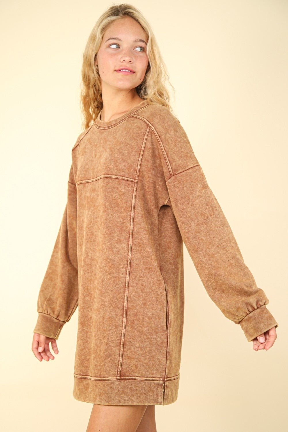 Mineral Washed Oversized Mini Sweatshirt Dress in Camel