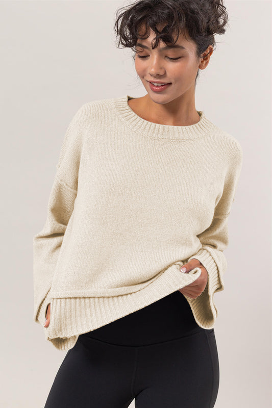 Dropped Shoulder Rib Knit Sweater in Cream