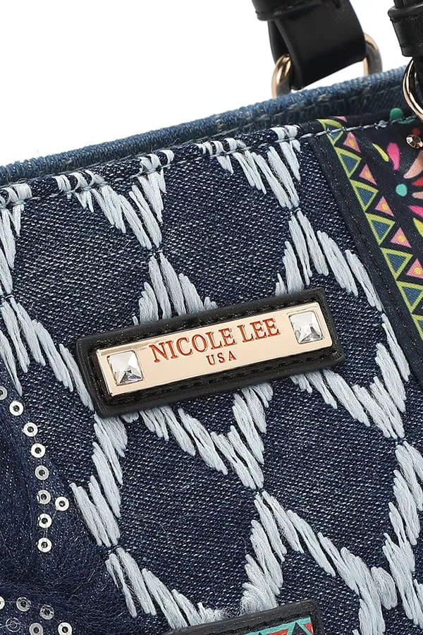 Close-up of a handbag with 'Nicole Lee' branding on a white background