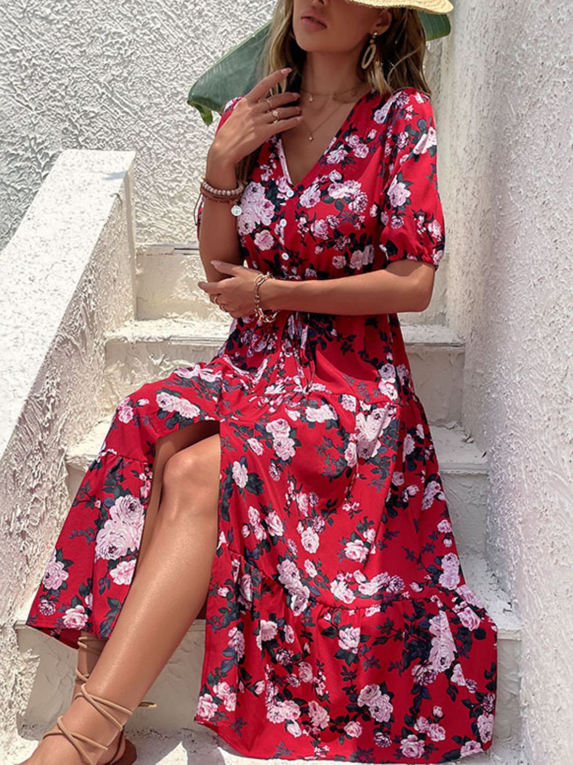 Red Floral Tie-Waist Midi Dress