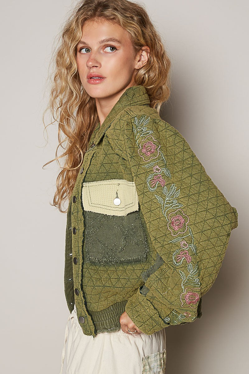 Embroidered Sleeve Quilted Jacket in Basil