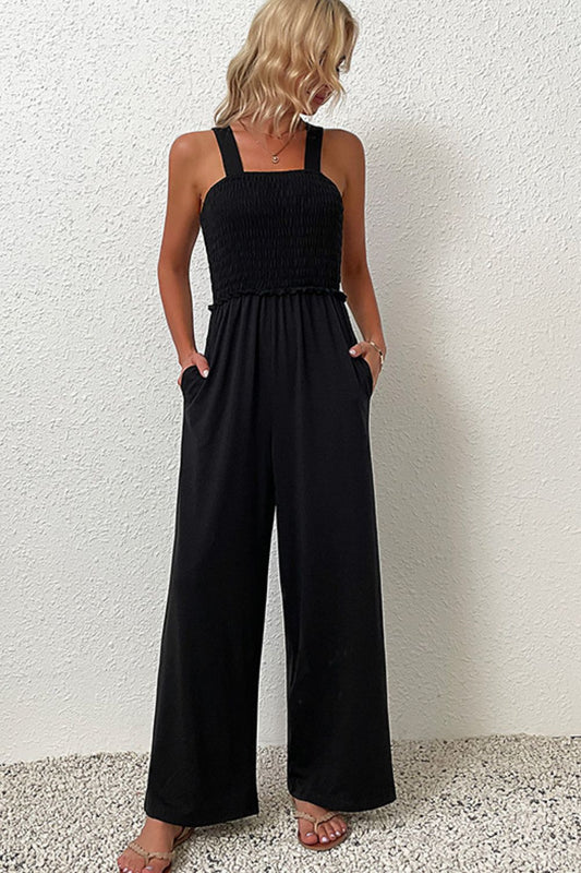 Black Smocked Sleeveless Wide Leg Jumpsuit with Pockets