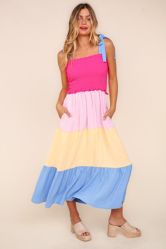 Smocked Color Block Tiered Maxi Cami Dress in Hot Pink Cream