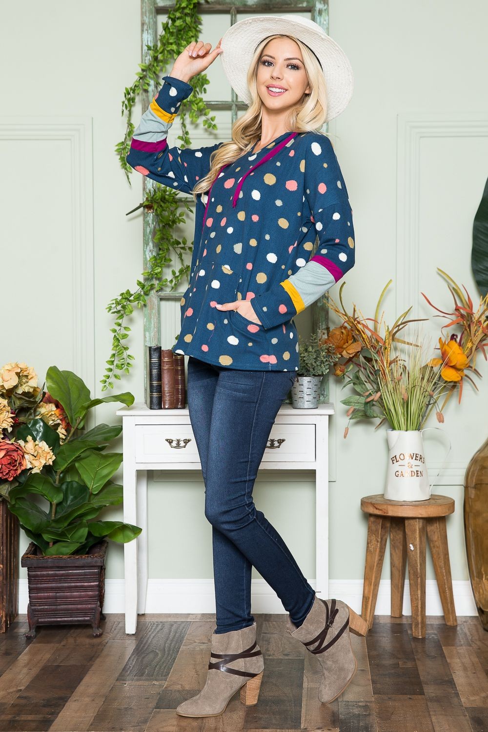 Navy Polka Dot Hoodie with Pockets