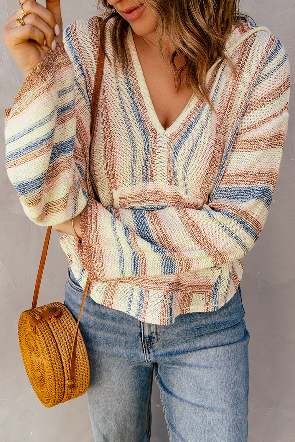 Multicolor Striped Hooded Sweater with Front Pocket