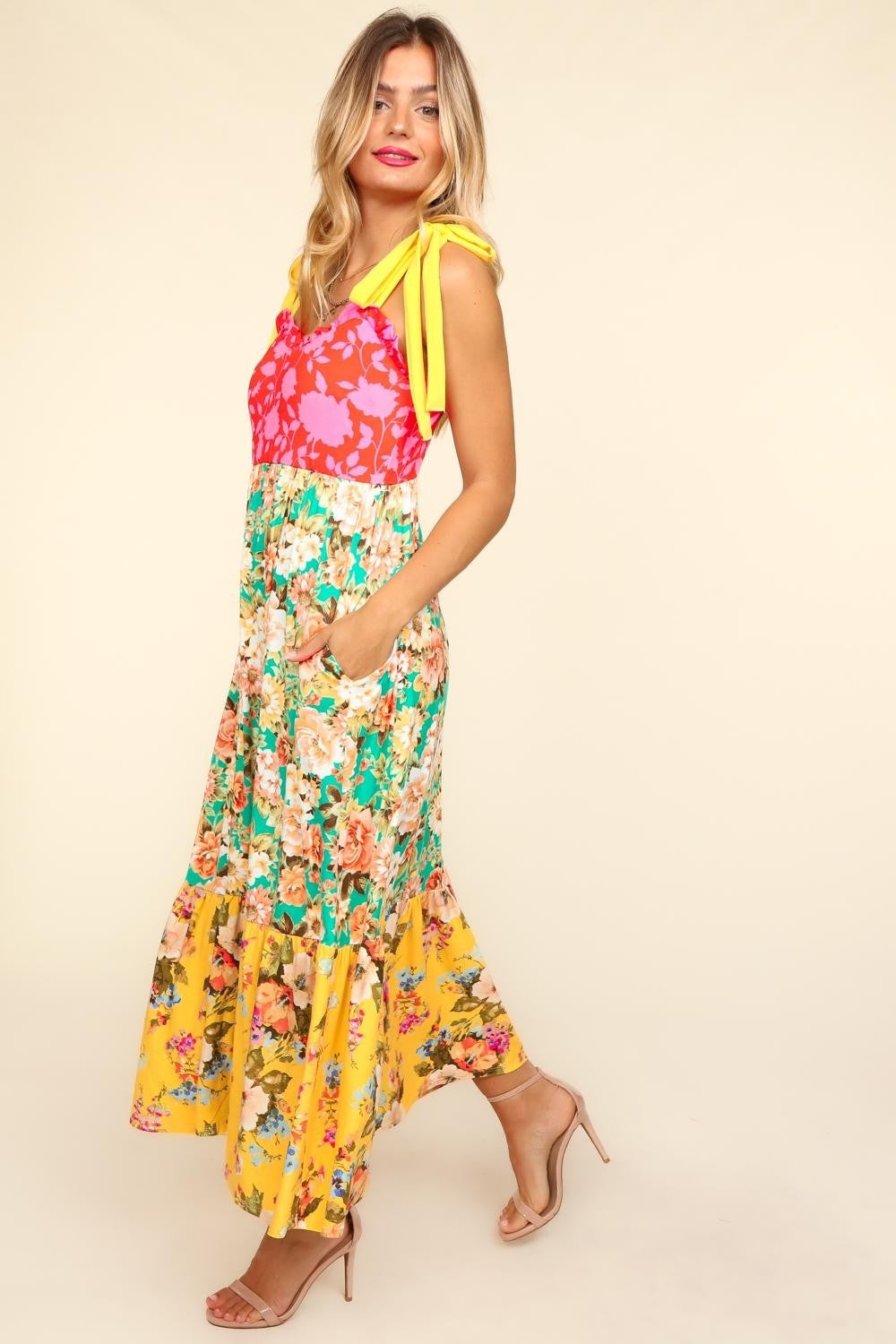Floral Color Block Maxi Dress with Pockets in Yellow Scarlet