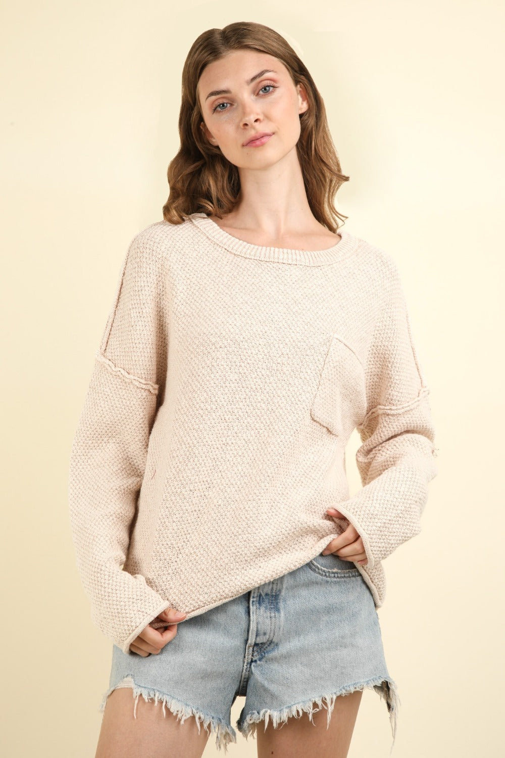 Beige Mineral Washed Exposed Seams Sweater