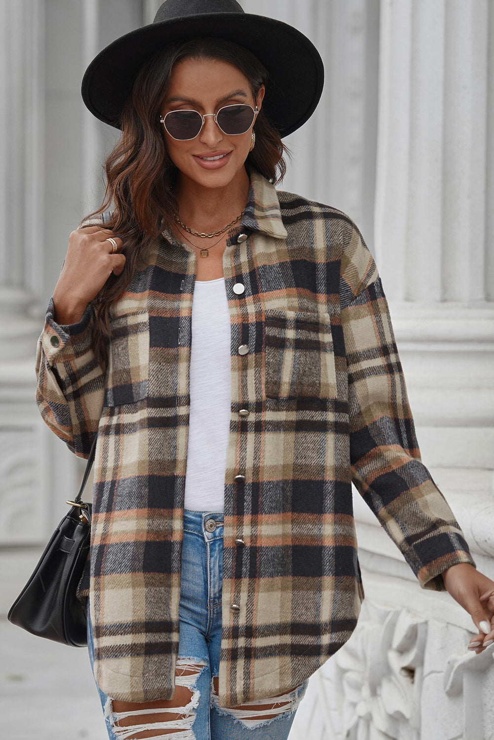 Plaid Curved Hem Longline Shacket