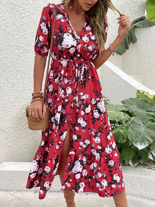 Red Floral Tie-Waist Midi Dress