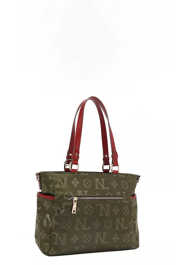 Green handbag with red handles and accents on a white background