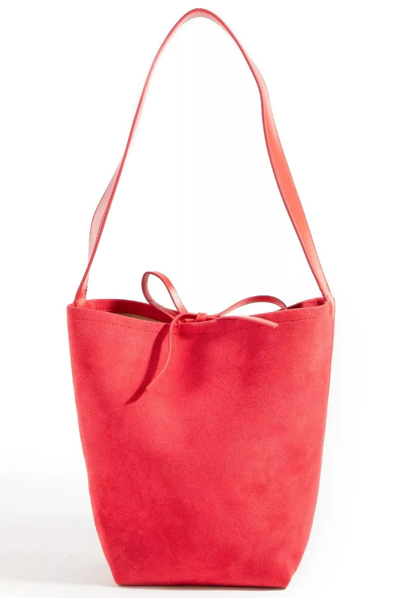 Red tote bag with a strap on a white background