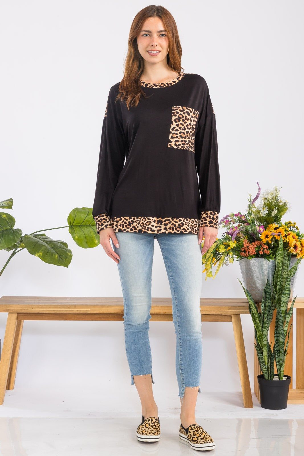 Black Leopard Print Long Sleeve T-Shirt