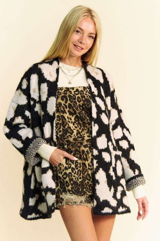 Black Leopard Open Front Long Sleeve Cardigan