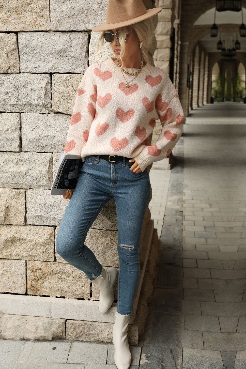 Heart Pattern Long Sleeve Sweater