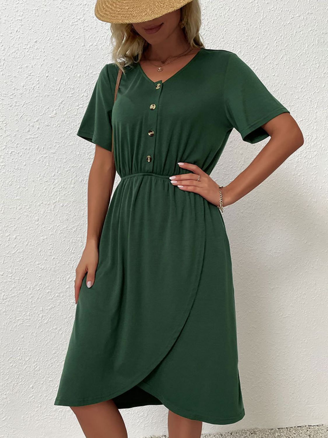 Dark Green V-Neck Short Sleeve Knee Length Dress