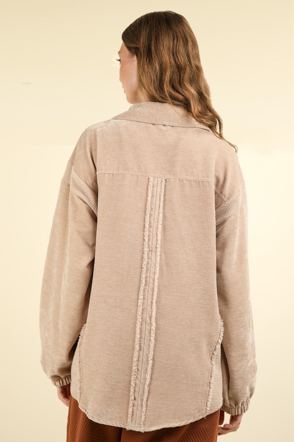 Mixed Media Button Down Raw Hem Shacket in Taupe