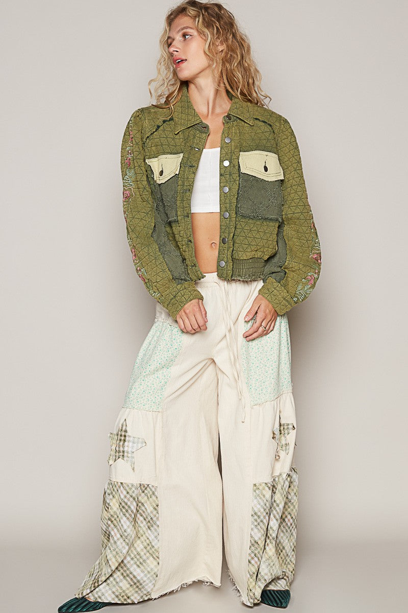 Embroidered Sleeve Quilted Jacket in Basil