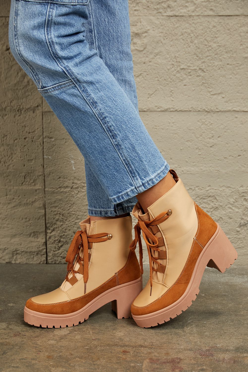 East Lion Corp - Lace Up Lug Sole Booties in Khaki