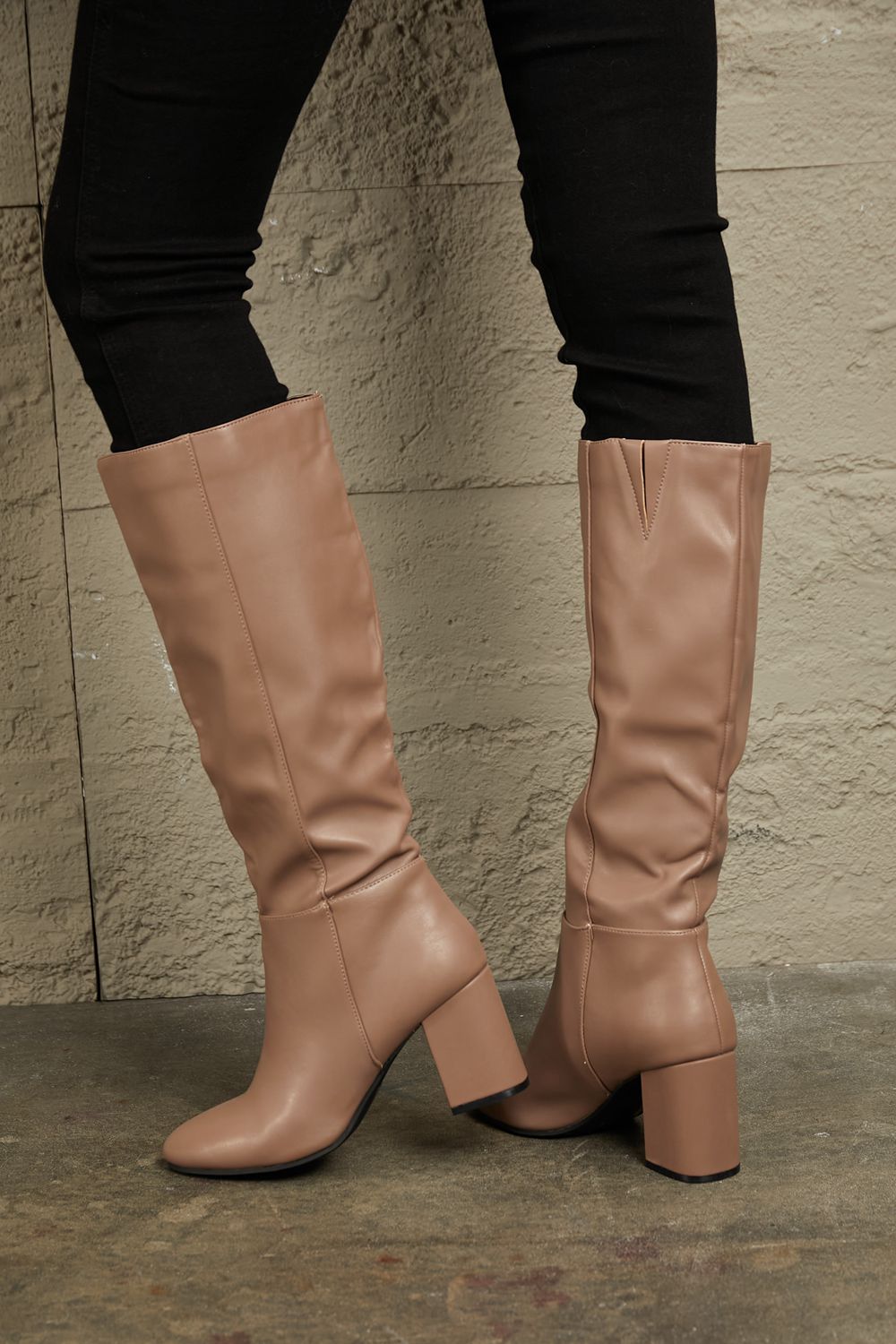 East Lion Corp - Vegan Leather Block Heel Knee High Boots in Mocha