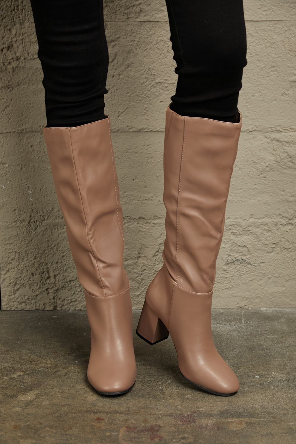 East Lion Corp - Vegan Leather Block Heel Knee High Boots in Mocha