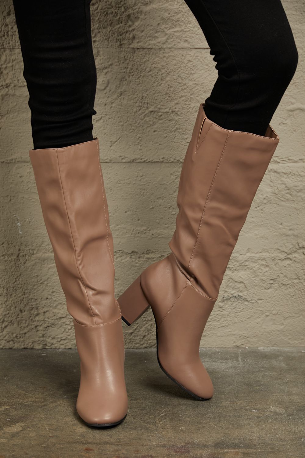 East Lion Corp - Vegan Leather Block Heel Knee High Boots in Mocha