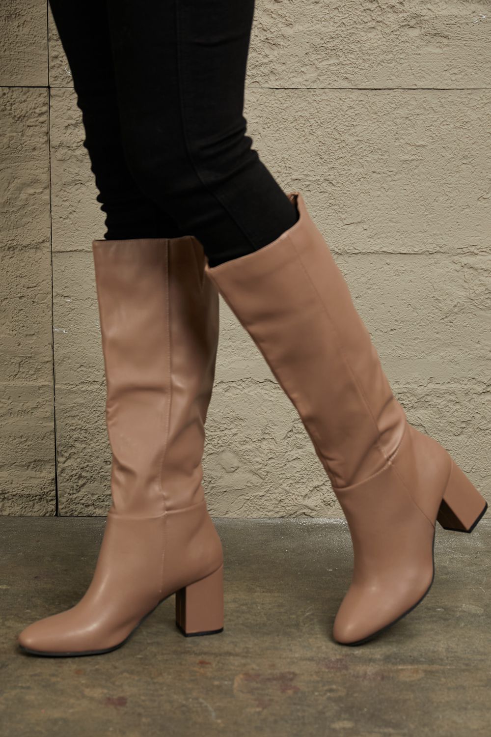 East Lion Corp - Vegan Leather Block Heel Knee High Boots in Mocha