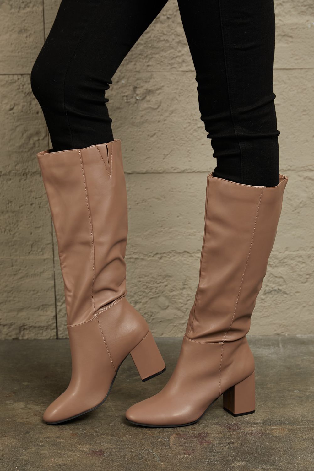 East Lion Corp - Vegan Leather Block Heel Knee High Boots in Mocha