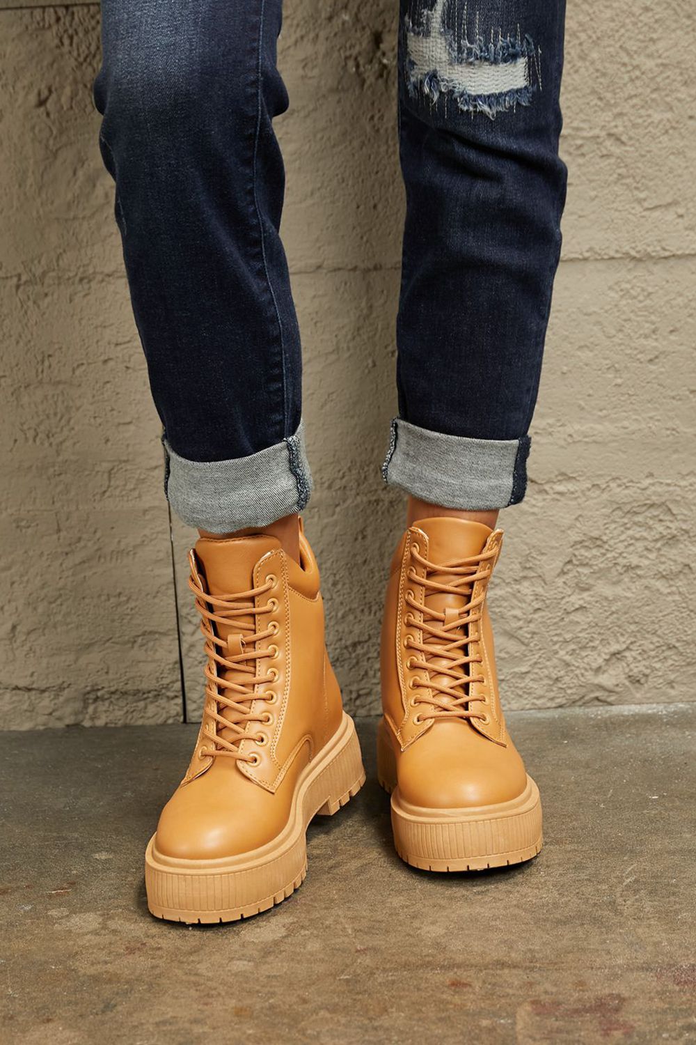 East Lion Corp - Vegan Leather Platform Combat Boots in Caramel