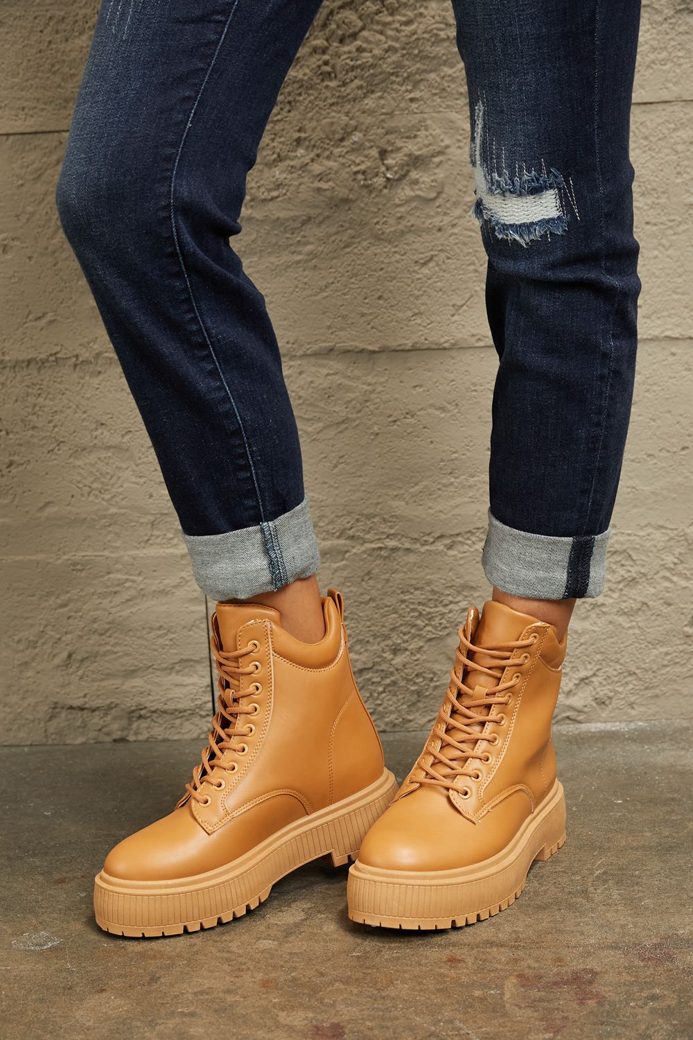 East Lion Corp - Vegan Leather Platform Combat Boots in Caramel