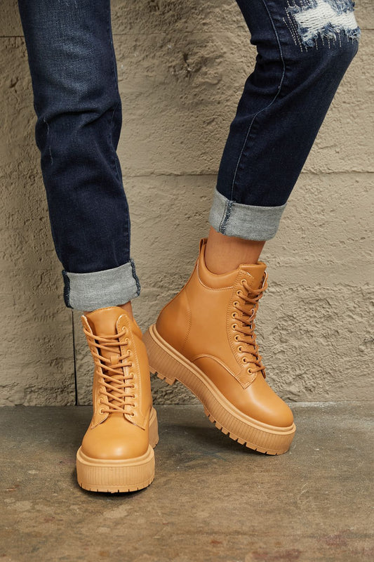 East Lion Corp - Vegan Leather Platform Combat Boots in Caramel