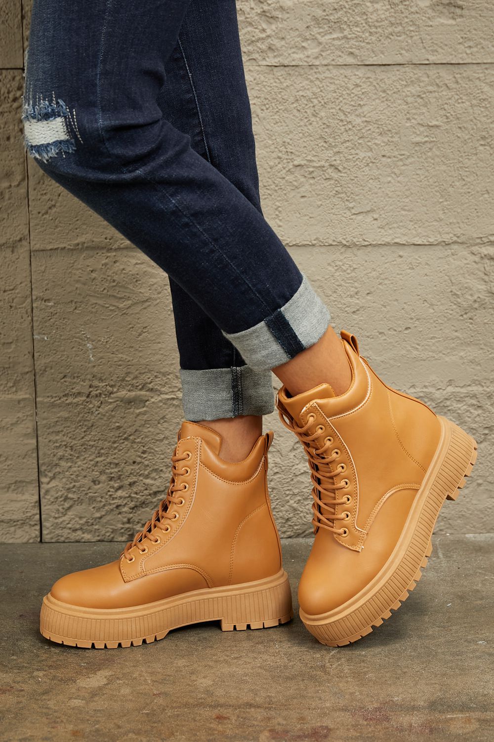 East Lion Corp - Vegan Leather Platform Combat Boots in Caramel