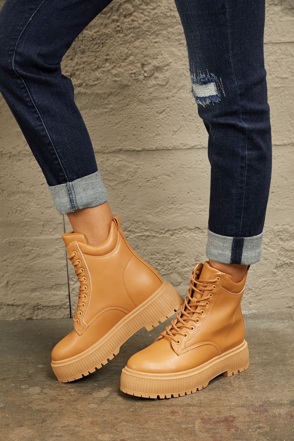 East Lion Corp - Vegan Leather Platform Combat Boots in Caramel