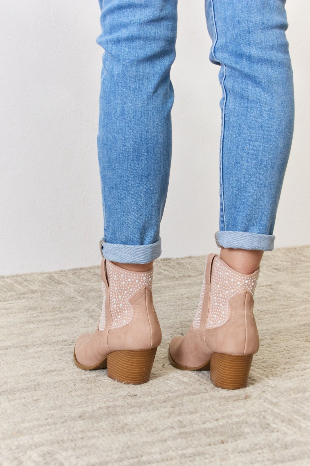 East Lion Corp - Vegan Leather Rhinestone Ankle Cowgirl Booties in Blush