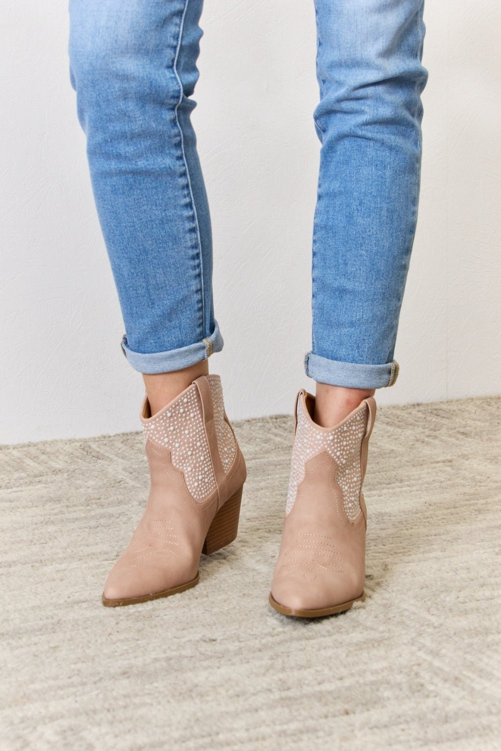 East Lion Corp - Vegan Leather Rhinestone Ankle Cowgirl Booties in Blush