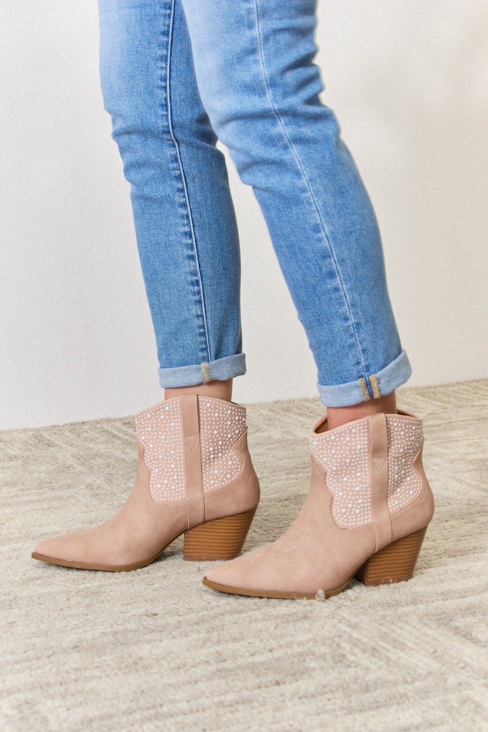 East Lion Corp - Vegan Leather Rhinestone Ankle Cowgirl Booties in Blush