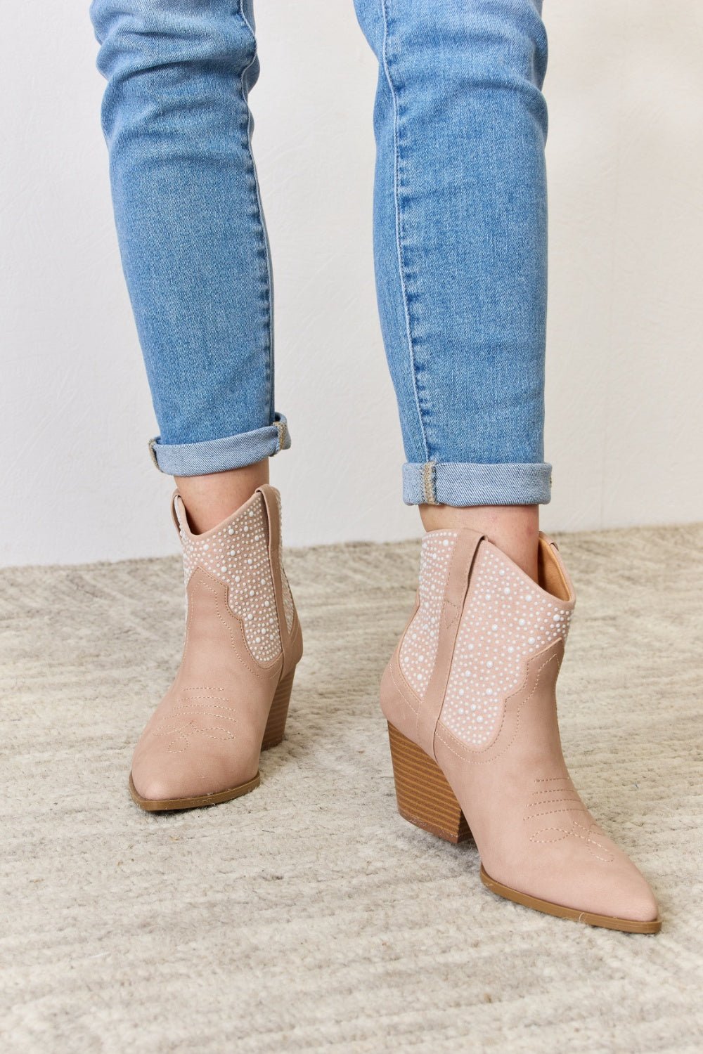 East Lion Corp - Vegan Leather Rhinestone Ankle Cowgirl Booties in Blush