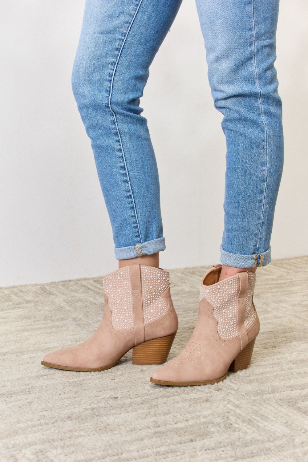 East Lion Corp - Vegan Leather Rhinestone Ankle Cowgirl Booties in Blush