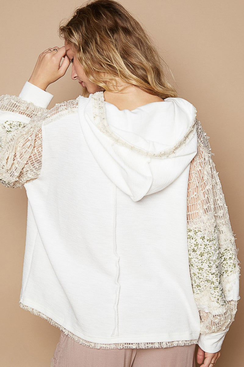 Star Patch Lace Sleeve Hooded Top in Ivory