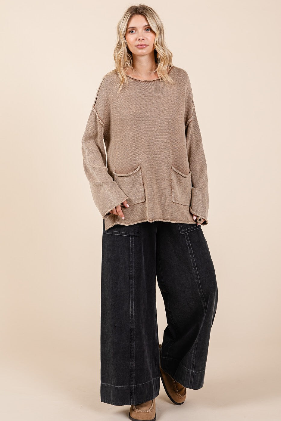 Mineral Wash Sweater with Pockets in Latte