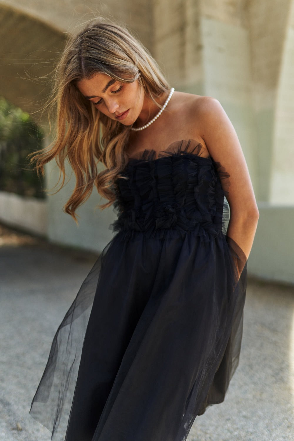 Black Ruffle Tulle Strapless Mini Swing Dress