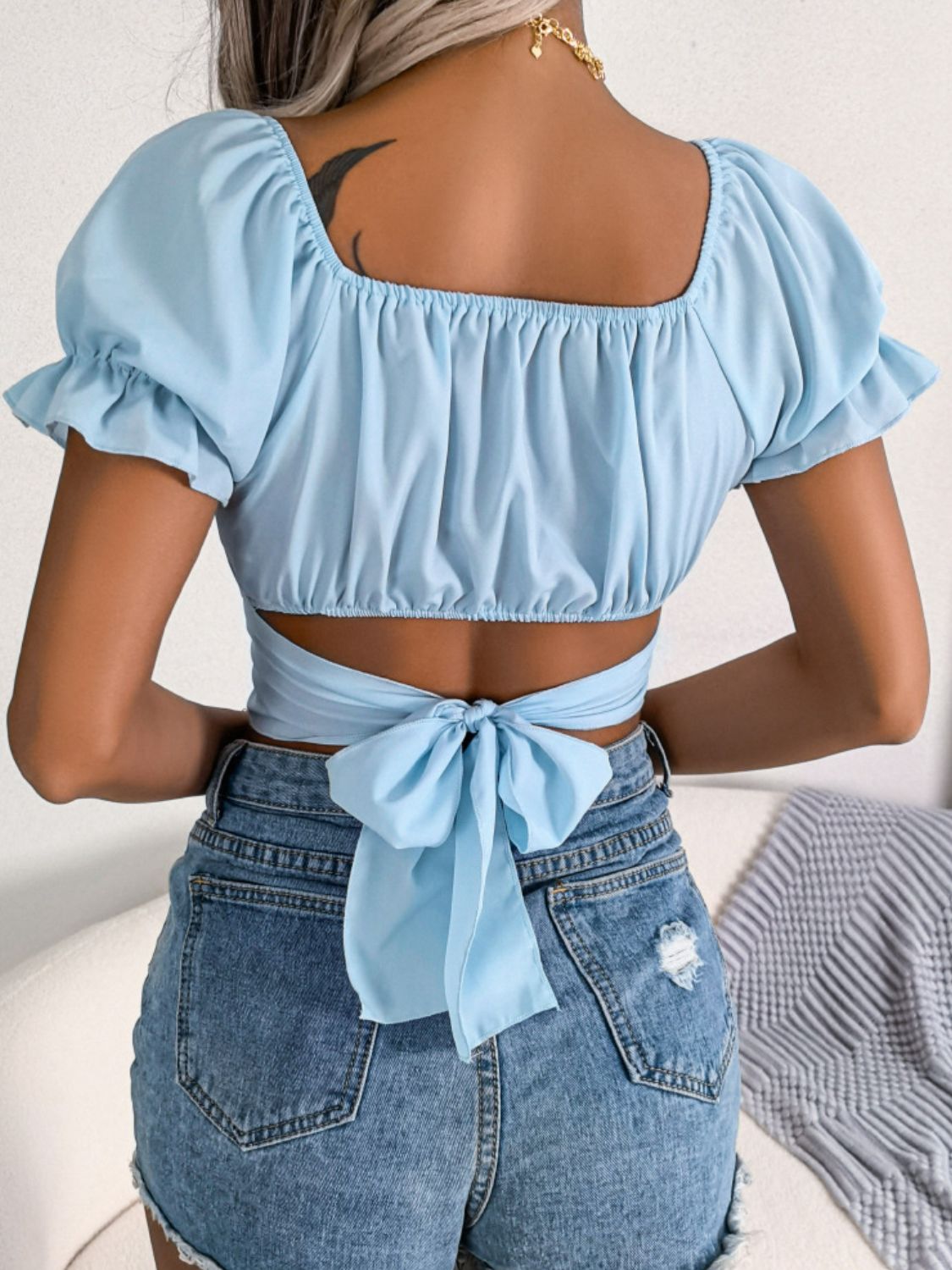 Square Neck Crisscross Puff Sleeve Cropped Top