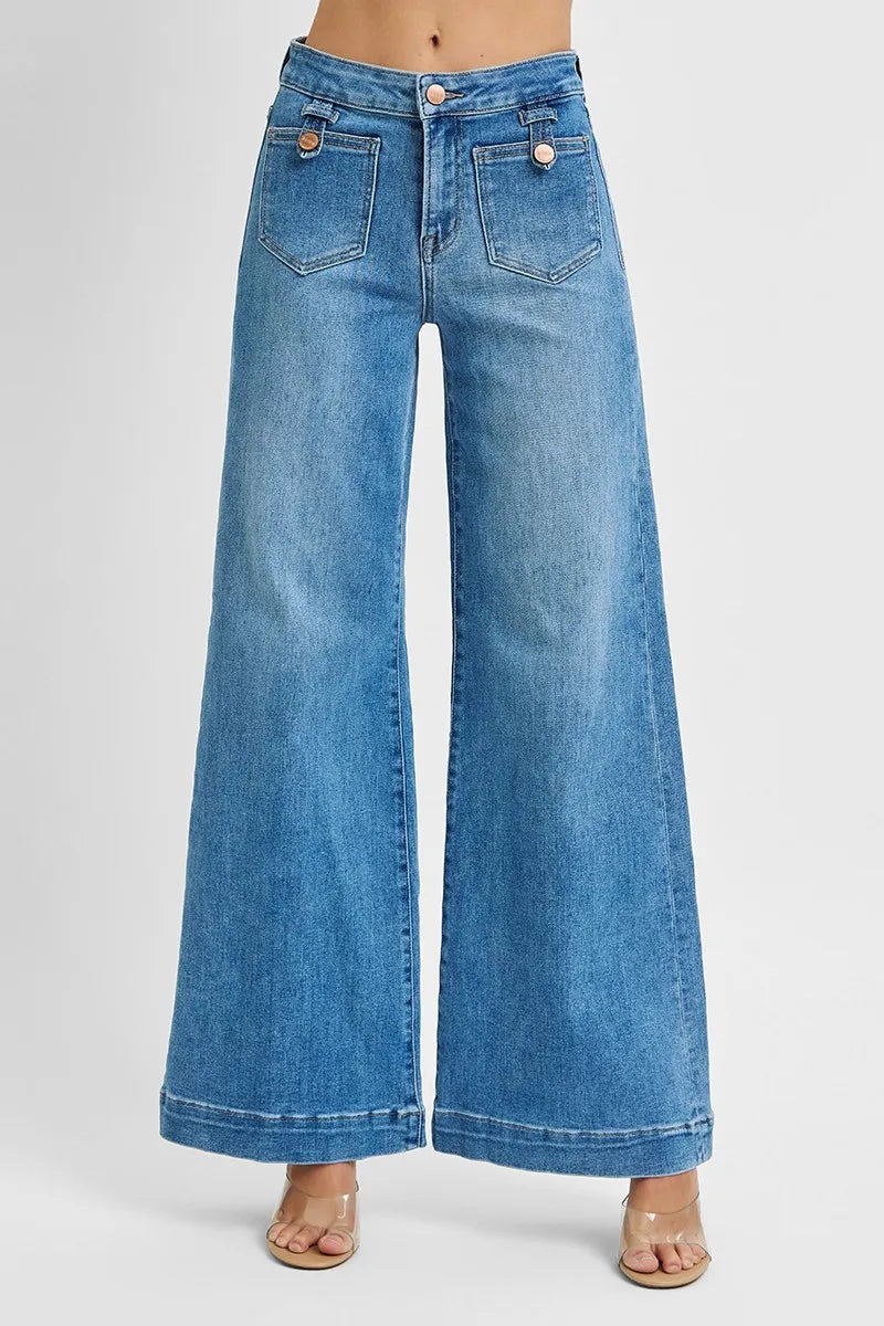 Blue wide-leg jeans on a white background