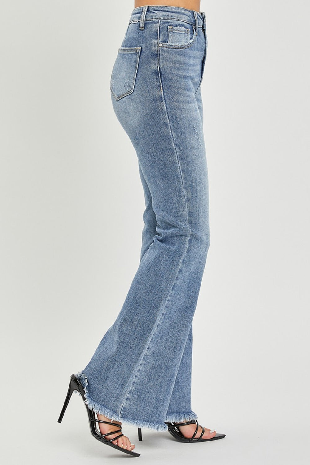 Medium Wash High Waist Raw Hem Flare Jeans