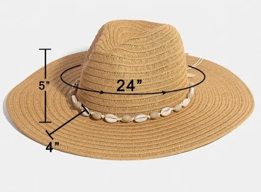 Beige straw hat with measurements on a white background
